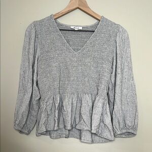 Madewell Wool Blend Gray V-Neck Smocked Top Small